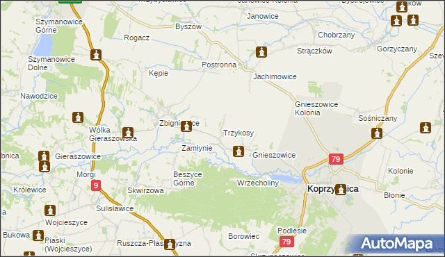 mapa Trzykosy, Trzykosy na mapie Targeo