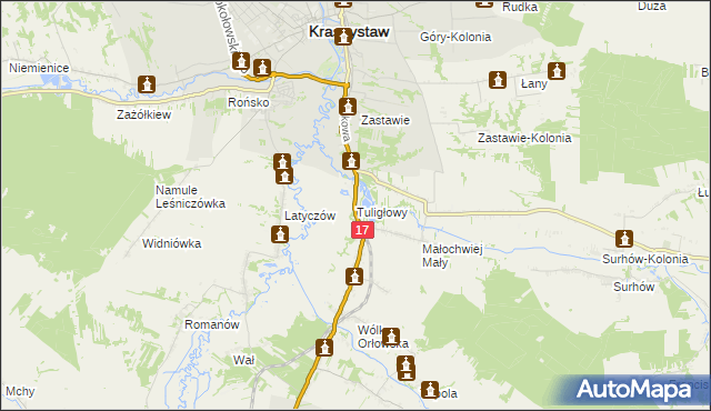 mapa Tuligłowy gmina Krasnystaw, Tuligłowy gmina Krasnystaw na mapie Targeo