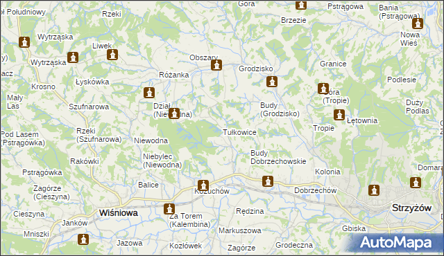 mapa Tułkowice gmina Wiśniowa, Tułkowice gmina Wiśniowa na mapie Targeo