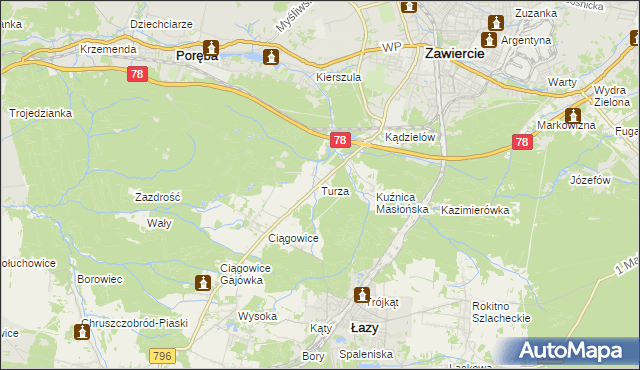 mapa Turza gmina Łazy, Turza gmina Łazy na mapie Targeo