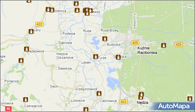 mapa Turze gmina Kuźnia Raciborska, Turze gmina Kuźnia Raciborska na mapie Targeo