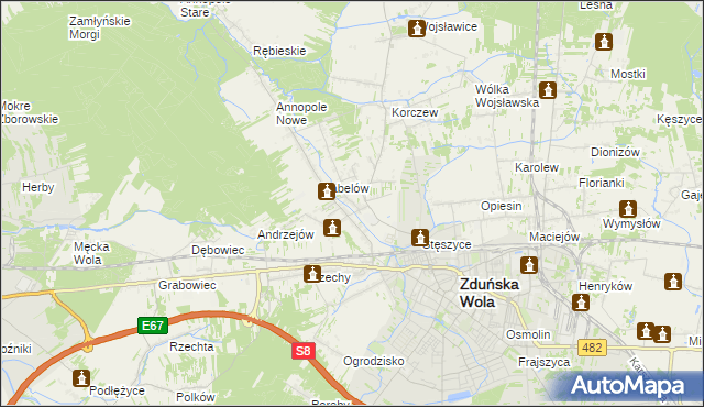 mapa Tymienice gmina Zduńska Wola, Tymienice gmina Zduńska Wola na mapie Targeo