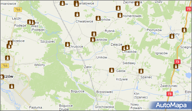 mapa Uników gmina Pińczów, Uników gmina Pińczów na mapie Targeo