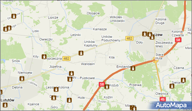 mapa Uników gmina Złoczew, Uników gmina Złoczew na mapie Targeo