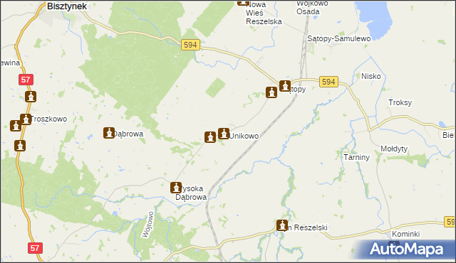 mapa Unikowo gmina Bisztynek, Unikowo gmina Bisztynek na mapie Targeo