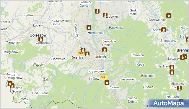 mapa Ustroń powiat cieszyński, Ustroń powiat cieszyński na mapie Targeo