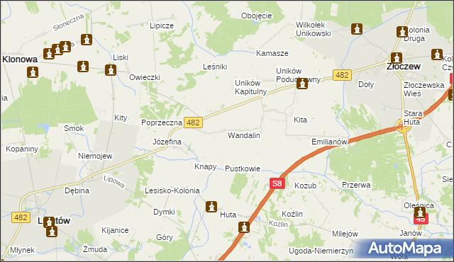 mapa Wandalin gmina Złoczew, Wandalin gmina Złoczew na mapie Targeo