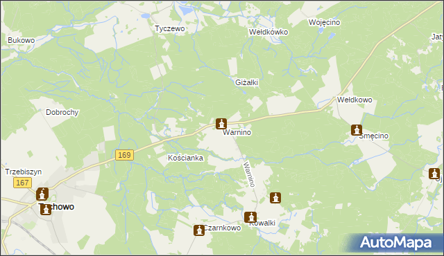 mapa Warnino gmina Tychowo, Warnino gmina Tychowo na mapie Targeo