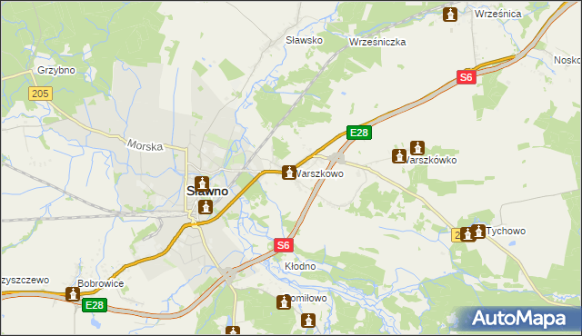 mapa Warszkowo gmina Sławno, Warszkowo gmina Sławno na mapie Targeo