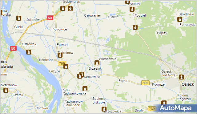 mapa Warszówka gmina Sobienie-Jeziory, Warszówka gmina Sobienie-Jeziory na mapie Targeo