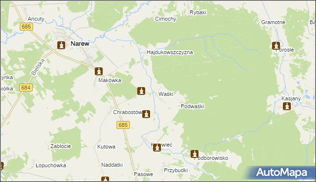 mapa Waśki gmina Narew, Waśki gmina Narew na mapie Targeo