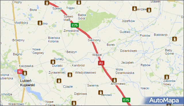 mapa Wąwał gmina Lubień Kujawski, Wąwał gmina Lubień Kujawski na mapie Targeo