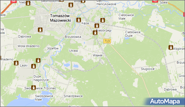 mapa Wąwał gmina Tomaszów Mazowiecki, Wąwał gmina Tomaszów Mazowiecki na mapie Targeo