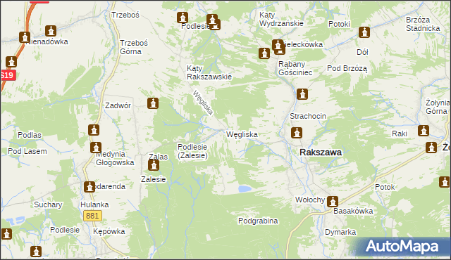 mapa Węgliska gmina Rakszawa, Węgliska gmina Rakszawa na mapie Targeo