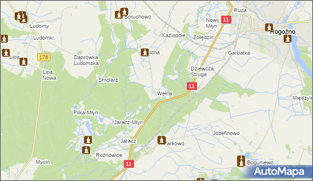 mapa Wełna gmina Rogoźno, Wełna gmina Rogoźno na mapie Targeo