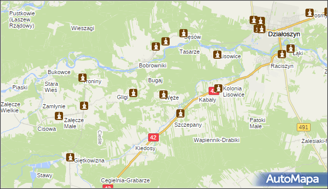 mapa Węże gmina Działoszyn, Węże gmina Działoszyn na mapie Targeo