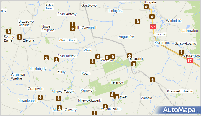 mapa Wężewo gmina Krasne, Wężewo gmina Krasne na mapie Targeo