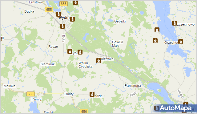 mapa Wężówka gmina Wydminy, Wężówka gmina Wydminy na mapie Targeo