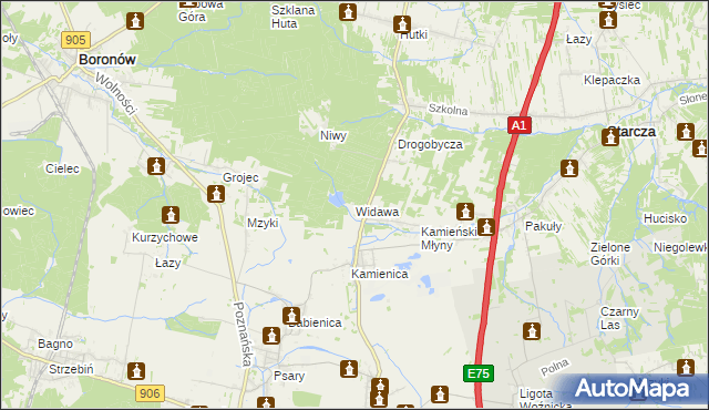 mapa Widawa gmina Woźniki, Widawa gmina Woźniki na mapie Targeo