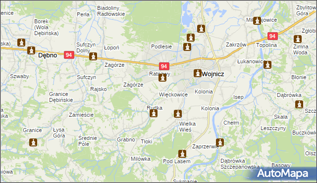 mapa Więckowice gmina Wojnicz, Więckowice gmina Wojnicz na mapie Targeo