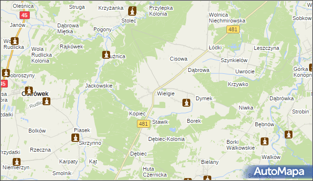 mapa Wielgie gmina Ostrówek, Wielgie gmina Ostrówek na mapie Targeo