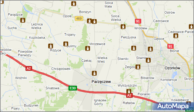 mapa Wielka Wieś gmina Parzęczew, Wielka Wieś gmina Parzęczew na mapie Targeo