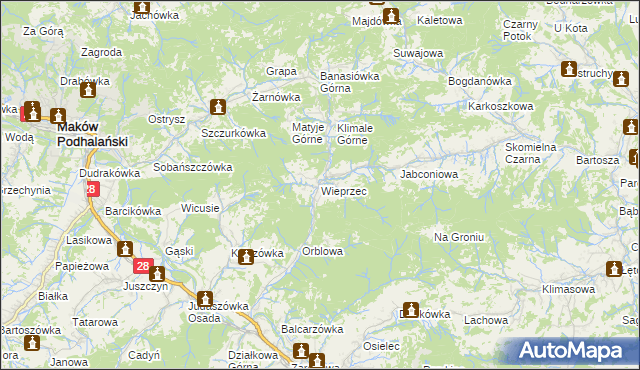 mapa Wieprzec gmina Maków Podhalański, Wieprzec gmina Maków Podhalański na mapie Targeo