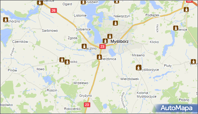 mapa Wierzbnica gmina Myślibórz, Wierzbnica gmina Myślibórz na mapie Targeo