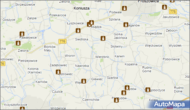 mapa Wierzbno gmina Koniusza, Wierzbno gmina Koniusza na mapie Targeo