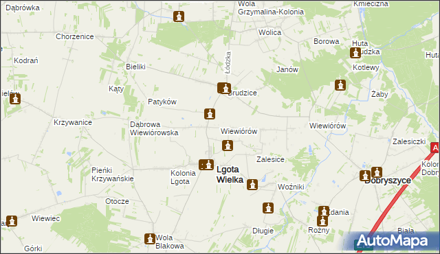 mapa Wiewiórów gmina Lgota Wielka, Wiewiórów gmina Lgota Wielka na mapie Targeo
