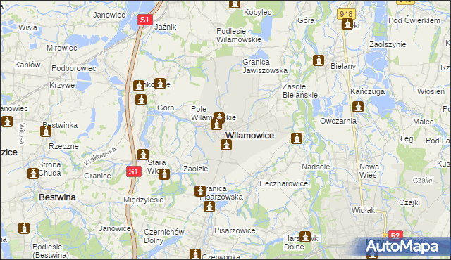 mapa Wilamowice powiat bielski, Wilamowice powiat bielski na mapie Targeo