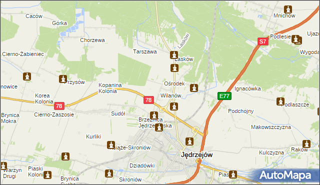 mapa Wilanów gmina Jędrzejów, Wilanów gmina Jędrzejów na mapie Targeo