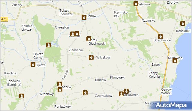 mapa Wilczków gmina Goszczanów, Wilczków gmina Goszczanów na mapie Targeo