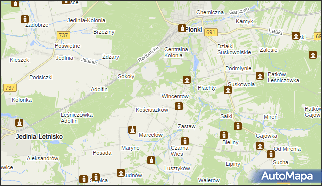 mapa Wincentów gmina Pionki, Wincentów gmina Pionki na mapie Targeo