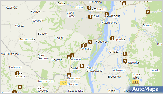 mapa Winiary gmina Dwikozy, Winiary gmina Dwikozy na mapie Targeo