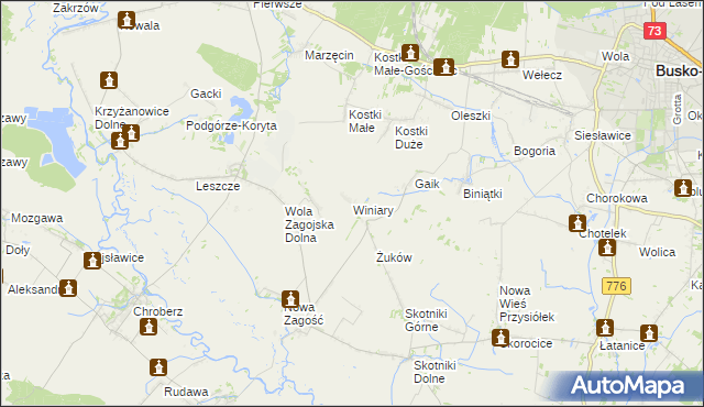 mapa Winiary gmina Pińczów, Winiary gmina Pińczów na mapie Targeo