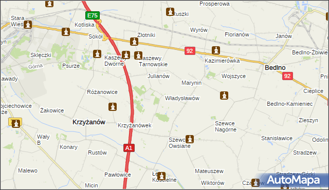 mapa Władysławów gmina Krzyżanów, Władysławów gmina Krzyżanów na mapie Targeo