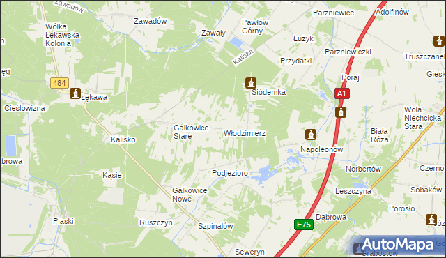 mapa Włodzimierz gmina Kamieńsk, Włodzimierz gmina Kamieńsk na mapie Targeo