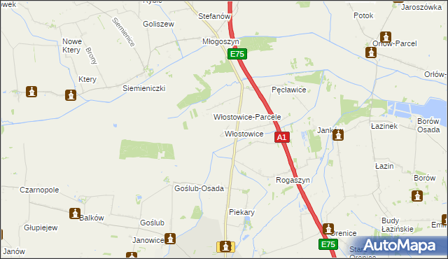 mapa Włostowice gmina Piątek, Włostowice gmina Piątek na mapie Targeo