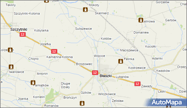 mapa Wójcice gmina Błaszki, Wójcice gmina Błaszki na mapie Targeo