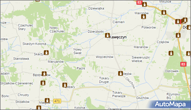 mapa Wojciechów gmina Kawęczyn, Wojciechów gmina Kawęczyn na mapie Targeo