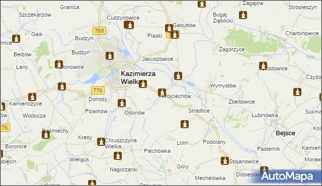 mapa Wojciechów gmina Kazimierza Wielka, Wojciechów gmina Kazimierza Wielka na mapie Targeo