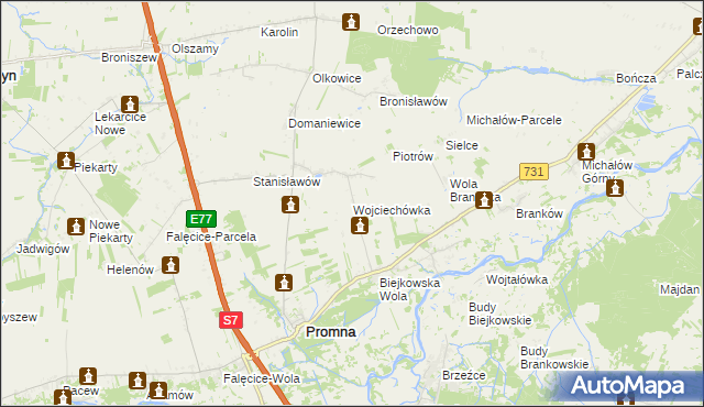 mapa Wojciechówka gmina Promna, Wojciechówka gmina Promna na mapie Targeo