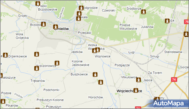 mapa Wojnowice gmina Ćmielów, Wojnowice gmina Ćmielów na mapie Targeo