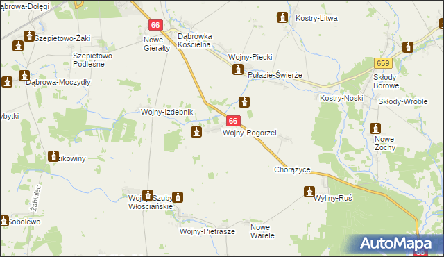 mapa Wojny-Pogorzel, Wojny-Pogorzel na mapie Targeo