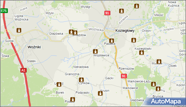 mapa Wojsławice gmina Koziegłowy, Wojsławice gmina Koziegłowy na mapie Targeo