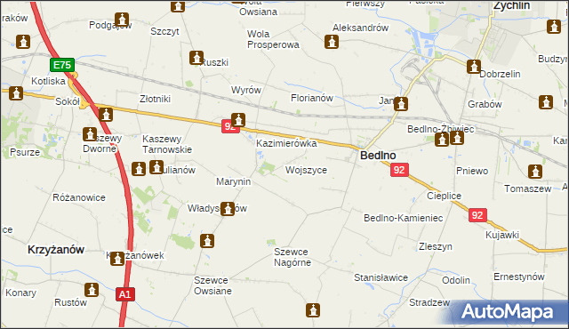 mapa Wojszyce gmina Bedlno, Wojszyce gmina Bedlno na mapie Targeo