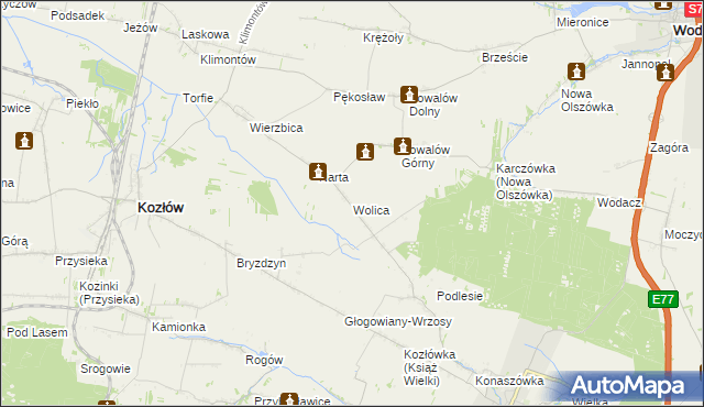 mapa Wolica gmina Kozłów, Wolica gmina Kozłów na mapie Targeo