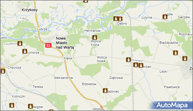 mapa Wolica Nowa gmina Nowe Miasto nad Wartą, Wolica Nowa gmina Nowe Miasto nad Wartą na mapie Targeo