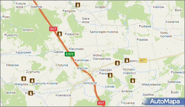 mapa Wólka Ostrożeńska, Wólka Ostrożeńska na mapie Targeo